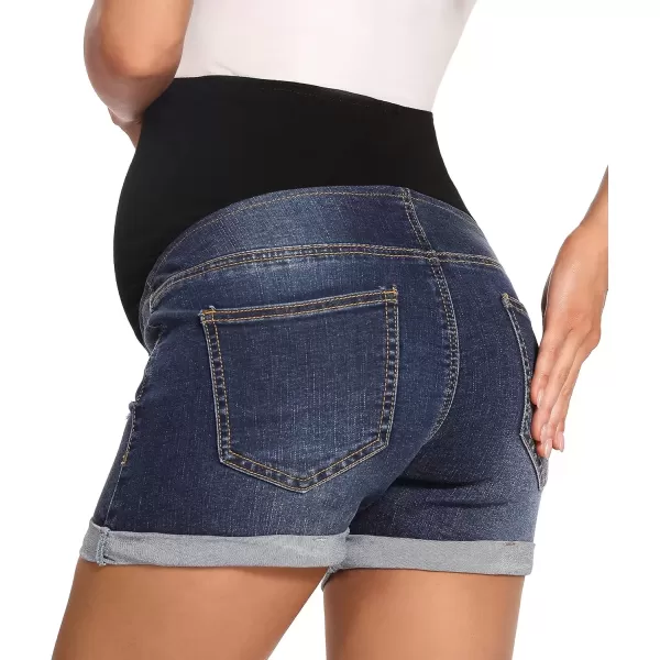 imageFoucome Maternity Denim Shorts Over Bump Ripped Distressed Folded Hem Blue Jean Shorts Comfy Summer Pregnancy Shorts135 Dark Blue