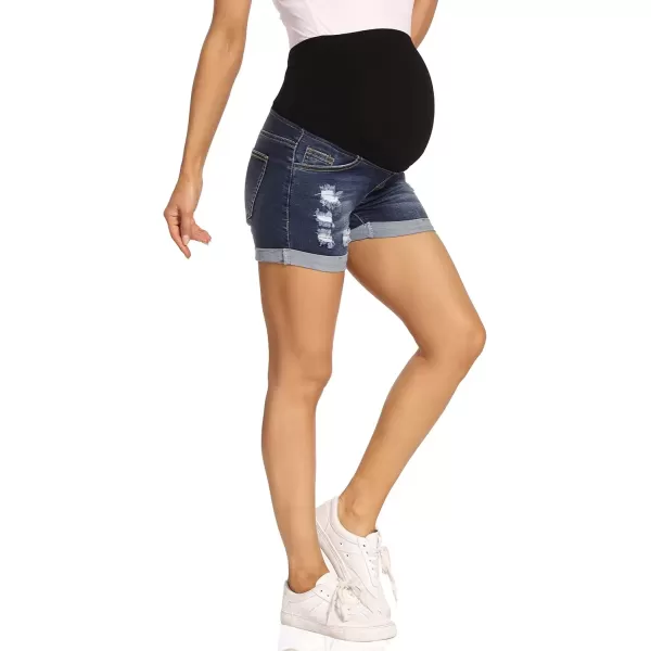imageFoucome Maternity Denim Shorts Over Bump Ripped Distressed Folded Hem Blue Jean Shorts Comfy Summer Pregnancy Shorts135 Dark Blue