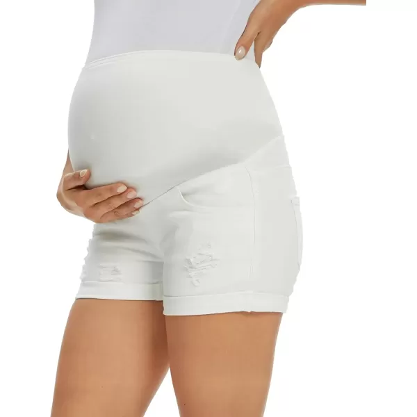 imageFoucome Maternity Denim Shorts Over Bump Ripped Distressed Folded Hem Blue Jean Shorts Comfy Summer Pregnancy Shorts135 White