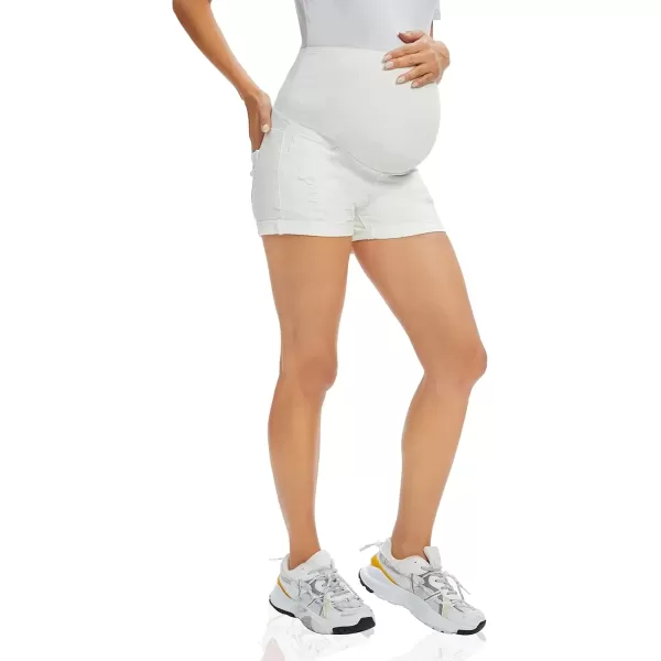 imageFoucome Maternity Denim Shorts Over Bump Ripped Distressed Folded Hem Blue Jean Shorts Comfy Summer Pregnancy Shorts135 White