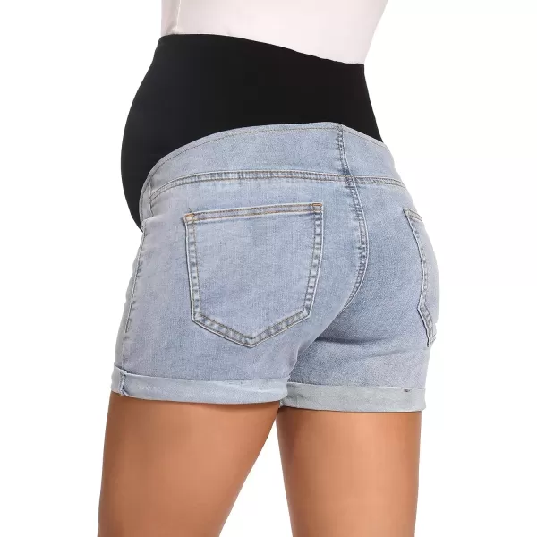 imageFoucome Maternity Denim Shorts Over Bump Ripped Distressed Folded Hem Blue Jean Shorts Comfy Summer Pregnancy Shorts138 Blue