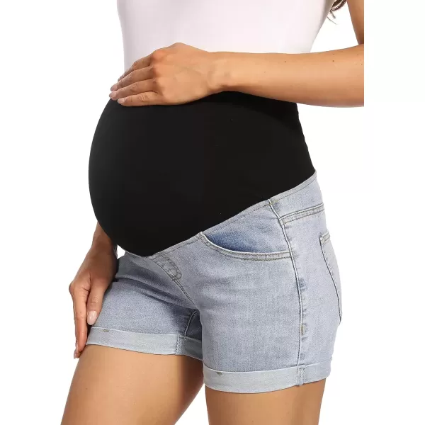 imageFoucome Maternity Denim Shorts Over Bump Ripped Distressed Folded Hem Blue Jean Shorts Comfy Summer Pregnancy Shorts138 Blue