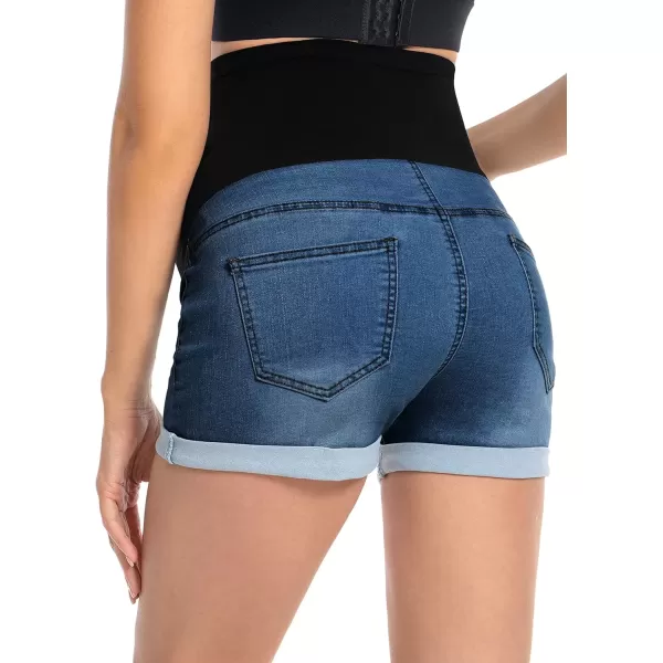 imageFoucome Maternity Denim Shorts Over Bump Ripped Distressed Folded Hem Blue Jean Shorts Comfy Summer Pregnancy Shorts138 Dark Blue