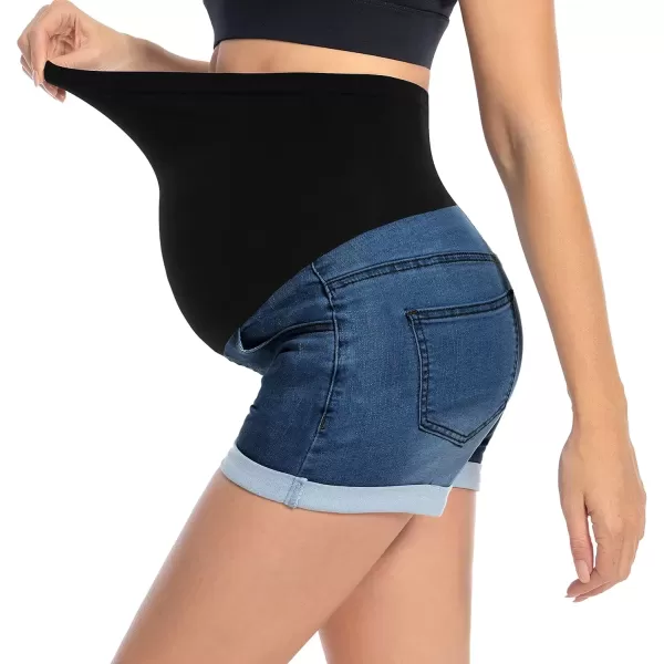 imageFoucome Maternity Denim Shorts Over Bump Ripped Distressed Folded Hem Blue Jean Shorts Comfy Summer Pregnancy Shorts138 Dark Blue