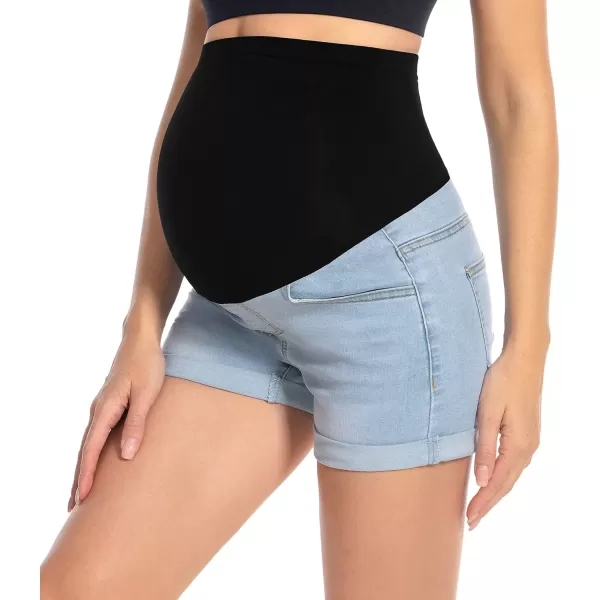 imageFoucome Maternity Denim Shorts Over Bump Ripped Distressed Folded Hem Blue Jean Shorts Comfy Summer Pregnancy Shorts138 Light Blue