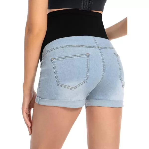 imageFoucome Maternity Denim Shorts Over Bump Ripped Distressed Folded Hem Blue Jean Shorts Comfy Summer Pregnancy Shorts138 Light Blue