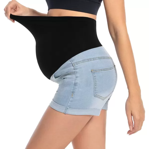 imageFoucome Maternity Denim Shorts Over Bump Ripped Distressed Folded Hem Blue Jean Shorts Comfy Summer Pregnancy Shorts138 Light Blue