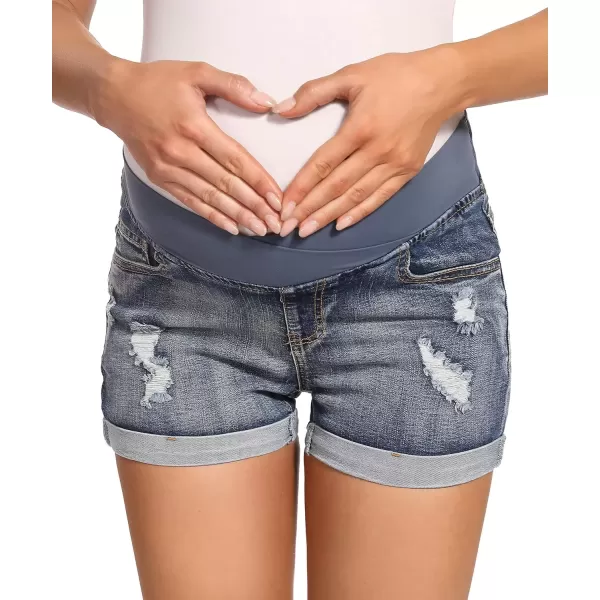 imageFoucome Womens Maternity Ripped Jean Shorts Roll Hem Denim Shorts Pregnancy Summer Shorts01 Blue