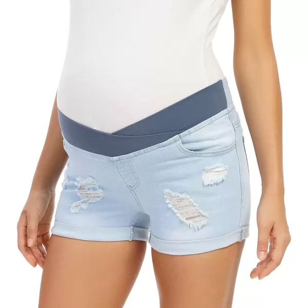 imageFoucome Womens Maternity Ripped Jean Shorts Roll Hem Denim Shorts Pregnancy Summer Shorts01 Light Blue