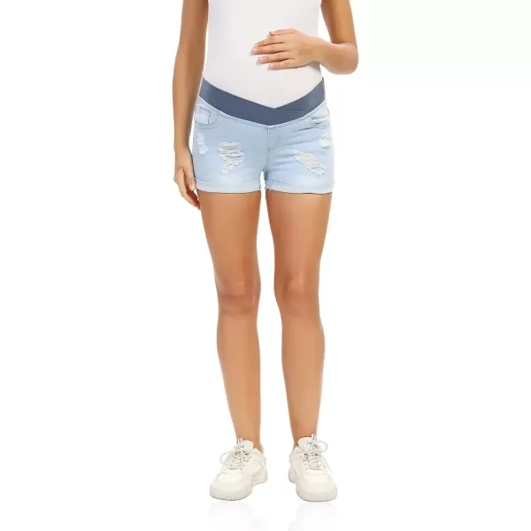 imageFoucome Womens Maternity Ripped Jean Shorts Roll Hem Denim Shorts Pregnancy Summer Shorts01 Light Blue