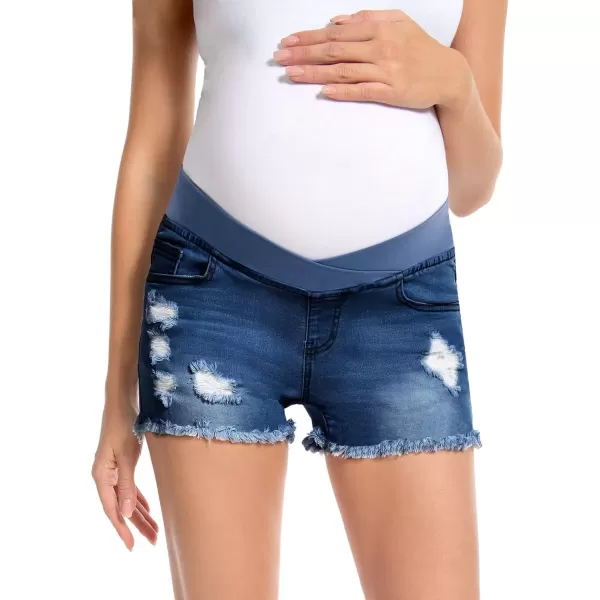 imageFoucome Womens Maternity Ripped Jean Shorts Roll Hem Denim Shorts Pregnancy Summer Shorts03 Dark Blue