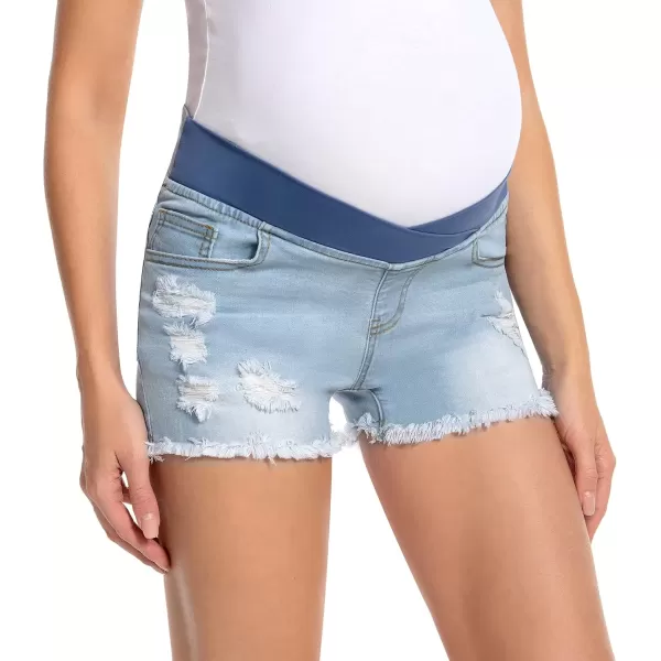 imageFoucome Womens Maternity Ripped Jean Shorts Roll Hem Denim Shorts Pregnancy Summer Shorts03 Light Blue