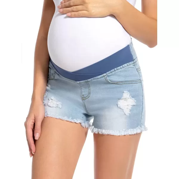 imageFoucome Womens Maternity Ripped Jean Shorts Roll Hem Denim Shorts Pregnancy Summer Shorts03 Light Blue