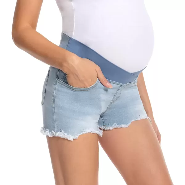 imageFoucome Womens Maternity Ripped Jean Shorts Roll Hem Denim Shorts Pregnancy Summer Shorts47 Light Blue