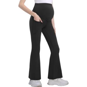 imageFoucome Womens Maternity Flare Leggings Bootcut Pregnancy Yoga Pants with PocketsBlack