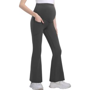 imageFoucome Womens Maternity Flare Leggings Bootcut Pregnancy Yoga Pants with PocketsGrey