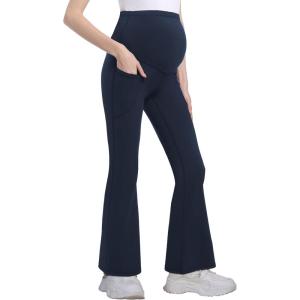 imageFoucome Womens Maternity Flare Leggings Bootcut Pregnancy Yoga Pants with PocketsNavy