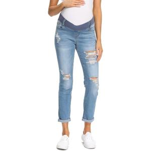 imageFoucome Womens Maternity Jeans Stretch Ripped Boyfriend Jeans Pregnancy Denim Pants with Pockets066  Blue