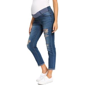 imageFoucome Womens Maternity Jeans Stretch Ripped Boyfriend Jeans Pregnancy Denim Pants with Pockets066  Dark Blue