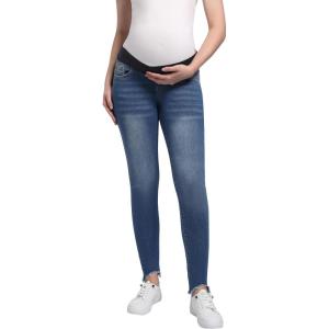 imageFoucome Womens Maternity Jeans Under The Belly Slim Stretchy Skinny Jeggings Comfy Pregnancy Denim PantsDark Blue