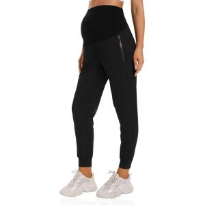 imageFoucome Womens Maternity Joggers Quick Dry Zipper Pockets Scrub Pants Pregnancy SweatpantsBlack