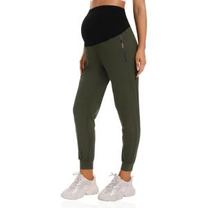 imageFoucome Womens Maternity Joggers Quick Dry Zipper Pockets Scrub Pants Pregnancy SweatpantsGreen