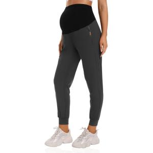 imageFoucome Womens Maternity Joggers Quick Dry Zipper Pockets Scrub Pants Pregnancy SweatpantsGrey