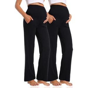 imageFoucome Womens Maternity Pants Casual Loose Wide Leg Cozy Pant Pregnancy Palazzo Lounge Trousers with Pockets2 Pack Black