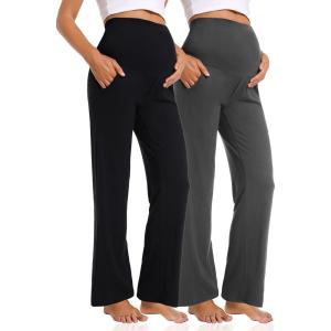 imageFoucome Womens Maternity Pants Casual Loose Wide Leg Cozy Pant Pregnancy Palazzo Lounge Trousers with Pockets2 Pack Blackgrey