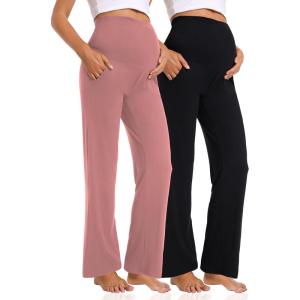 imageFoucome Womens Maternity Pants Casual Loose Wide Leg Cozy Pant Pregnancy Palazzo Lounge Trousers with Pockets2 Pack Blackpink
