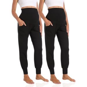imageFoucome Womens Maternity Pants Stretchy Jogger Sweatpants Comfy Casual Pregnancy Workout Lounge Pants with Pockets2pack Black