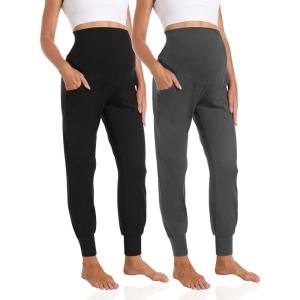 imageFoucome Womens Maternity Pants Stretchy Jogger Sweatpants Comfy Casual Pregnancy Workout Lounge Pants with Pockets2pack BlackDark Grey