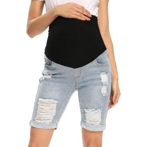 imageFoucome Womens Materntiy Denim Shorts Over The Belly Comfy Stretch Bermuda Jean Shorts46 Blue