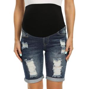 imageFoucome Womens Materntiy Denim Shorts Over The Belly Comfy Stretch Bermuda Jean Shorts46 Dark Blue