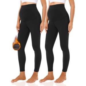 imageFoucome Fleece Lined Maternity Leggings Over The Belly Pregnancy Winter Thermal Warm Workout Yoga Pants2pack Black