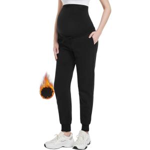 imageFoucome Maternity Fleece Lined Pants Winter Thermal Pregnancy Joggers Comfy Casual SweatpantsBlack