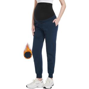 imageFoucome Maternity Fleece Lined Pants Winter Thermal Pregnancy Joggers Comfy Casual SweatpantsBlue