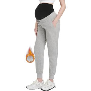 imageFoucome Maternity Fleece Lined Pants Winter Thermal Pregnancy Joggers Comfy Casual SweatpantsGrey