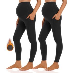 imageFoucome Womens Maternity Fleece Lined Leggings with Pockets Over The Belly Pregnancy Winter Warm Workout Yoga Pants2pack Black
