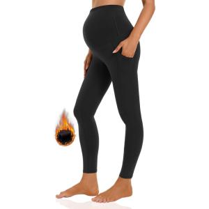 imageFoucome Womens Maternity Fleece Lined Leggings with Pockets Over The Belly Pregnancy Winter Warm Workout Yoga PantsBlack