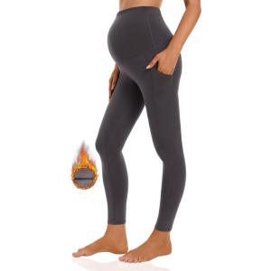 imageFoucome Womens Maternity Fleece Lined Leggings with Pockets Over The Belly Pregnancy Winter Warm Workout Yoga PantsGrey