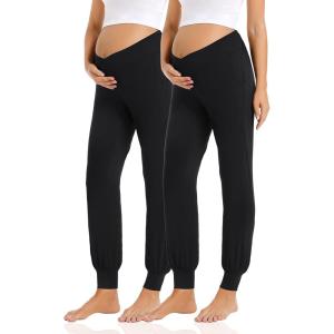 imageFoucome Womens Maternity Pants Comfy Lounge Workout Leggings Underbelly Stretchy Pregnancy Joggers Sweatpants2pack Black