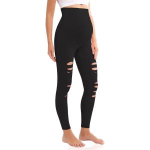imageFoucome Womens Maternity Leggings Over The Belly Cutout Ripped Buttery Soft Workout Yoga PantsBlack
