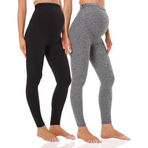 imageFoucome Womens Maternity Leggings Over The Belly Pregnancy Active Workout Yoga Tights Pants2pack  Blackheather Grey