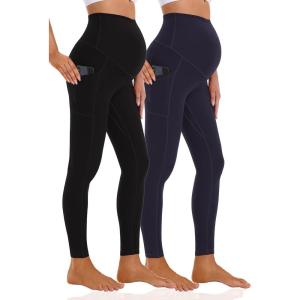 imageFoucome Womens Maternity Leggings with Pockets Over The Belly Pregnancy Workout Leggings Stretch Soft Athletic Yoga Pants2pack  Blacknavy