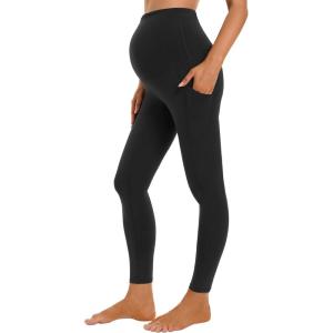 imageFoucome Womens Maternity Leggings with Pockets Over The Belly Pregnancy Workout Leggings Yoga Active Work PantsBlack