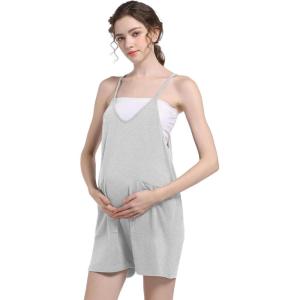 imageFoucome Maternity Romper Summer Casual Overalls Loose Adjustable Spaghetti Strap Pregnancy Shorts Jumpsuit with PocketsMelange Grey