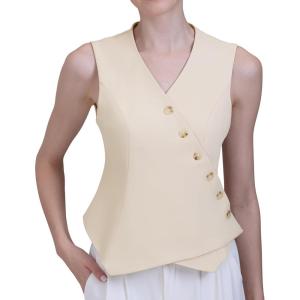 imageFoucome Vest for Women V Neck Button Up Asymmetrical Hem Dressy Casual Suit Vest WaistcoatApricot