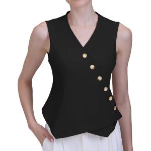 imageFoucome Vest for Women V Neck Button Up Asymmetrical Hem Dressy Casual Suit Vest WaistcoatBlack