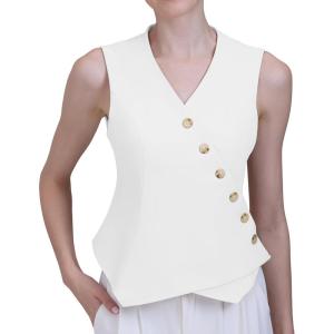 imageFoucome Vest for Women V Neck Button Up Asymmetrical Hem Dressy Casual Suit Vest WaistcoatWhite